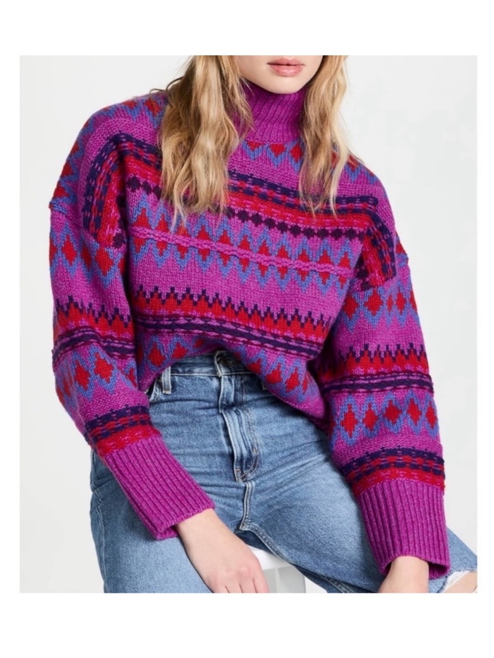rag & bone Purple Fair Isle Turtleneck Sweater with Red & Blue Accents